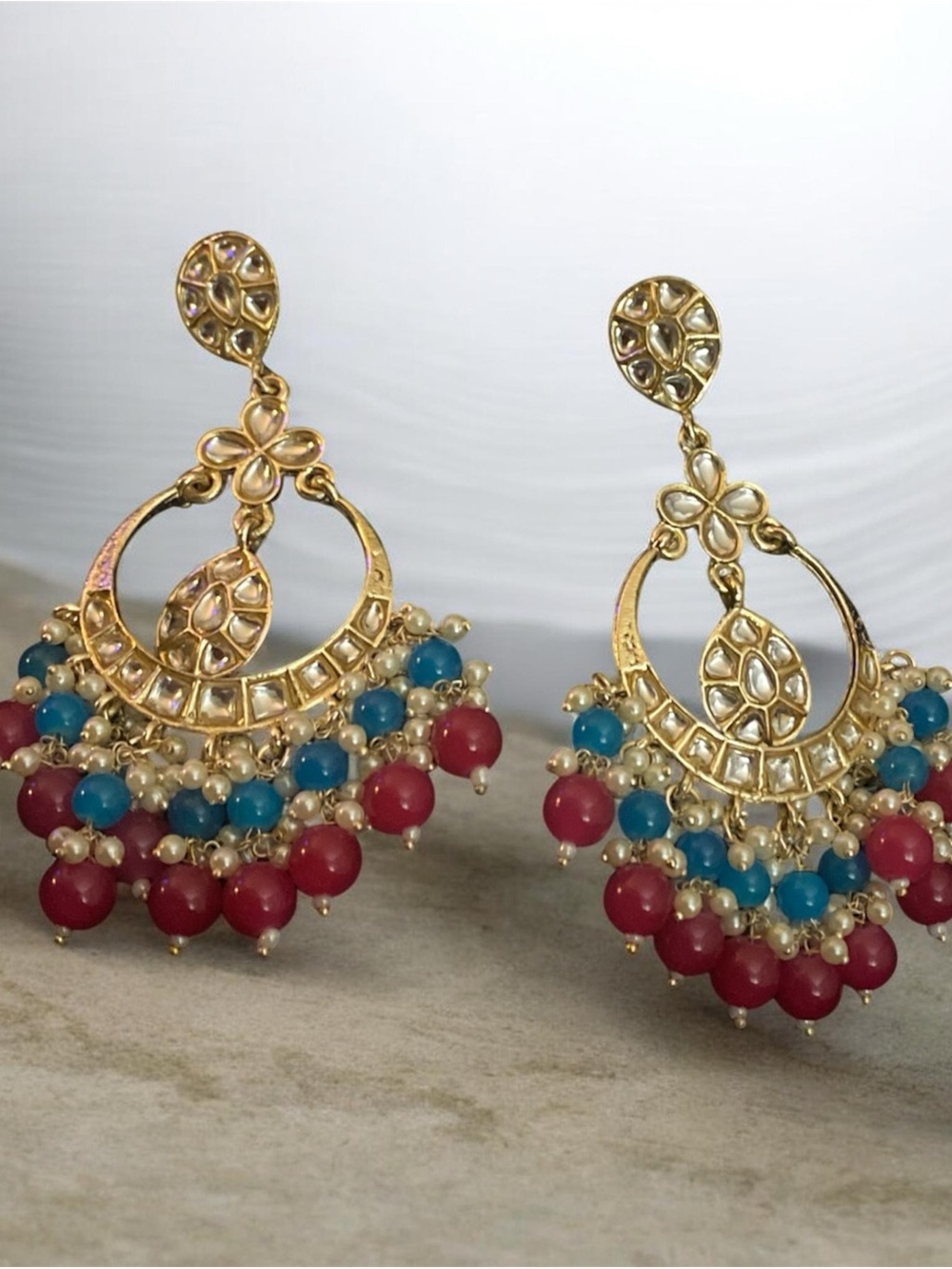 Gold-Tone Red & Teal Beaded Chandbali Earrings